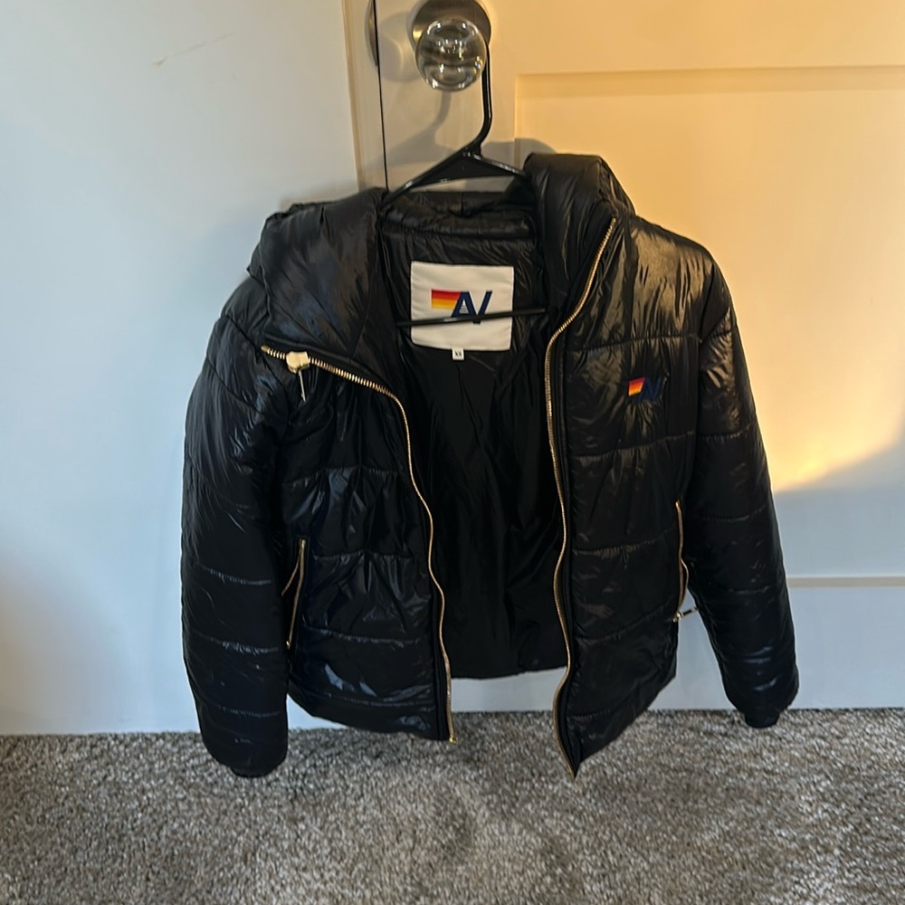 Aviator Nation Blot Luxe Apres Puffer Jacket Glossy Black. Size XS